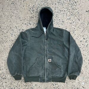 VTG Carhartt Jacket J25 MOS Mens Medium Green Hooded Faded Thermal Lined